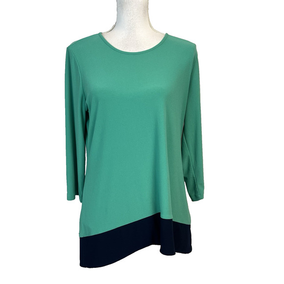 Susan Graver Top Blouse Tunic size Small Green Navy Blue Stretch Career Church - Picture 1 of 7